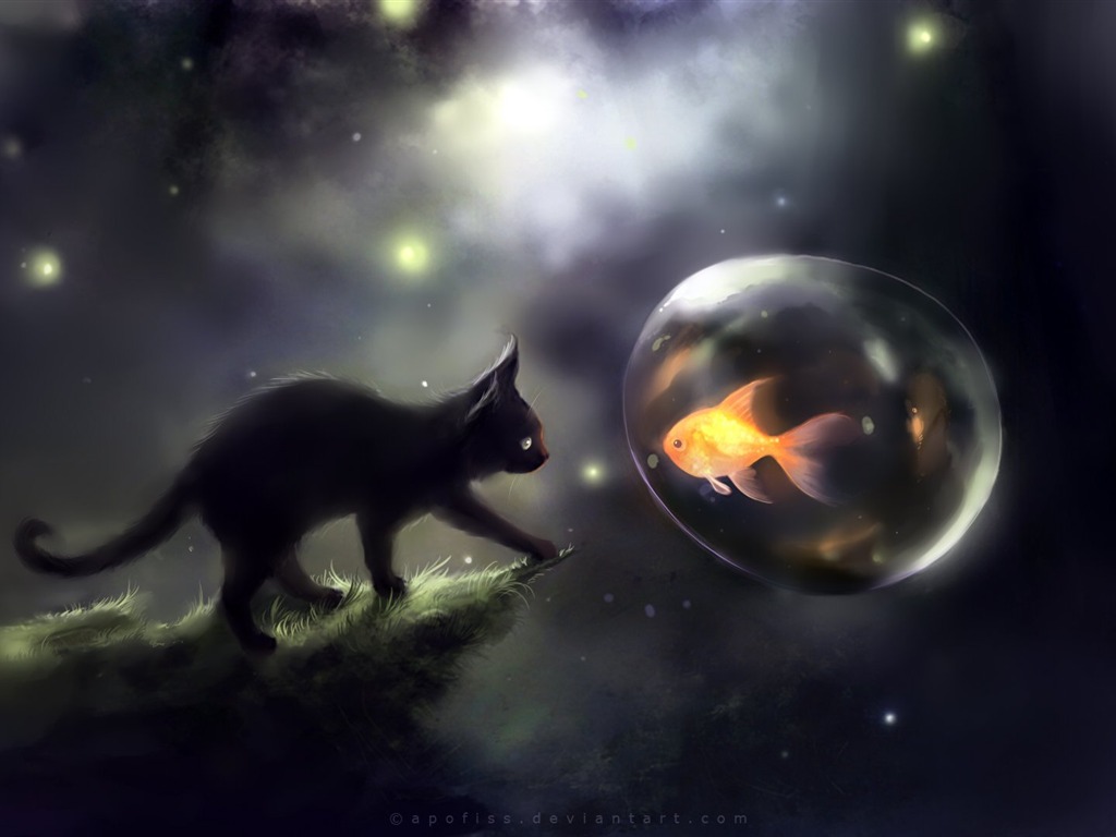 Apofiss 작은 검은 고양이 벽지 수채화 삽화 #1 - 1024x768
