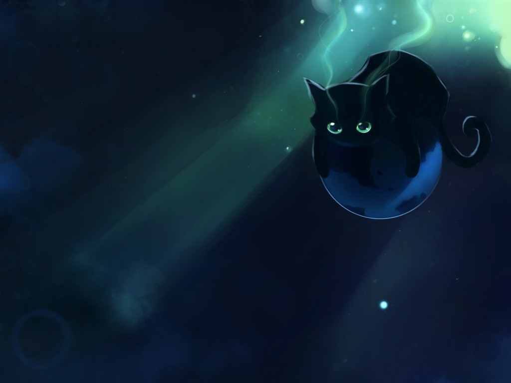 Apofiss 작은 검은 고양이 벽지 수채화 삽화 #4 - 1024x768