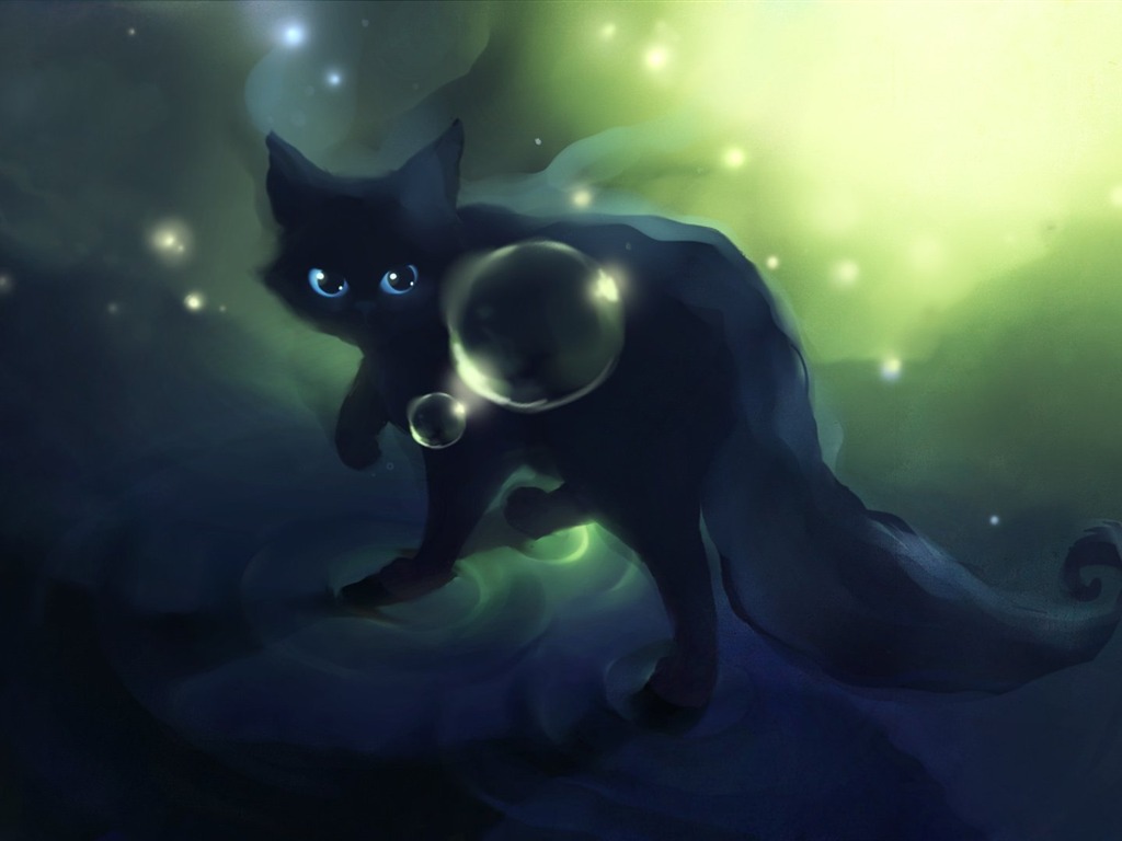 Apofiss 작은 검은 고양이 벽지 수채화 삽화 #12 - 1024x768