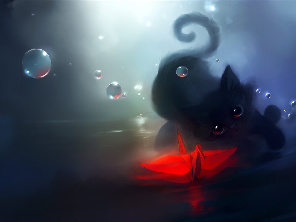 Apofiss水彩插畫 小黑貓壁紙 #15 - 1024x768