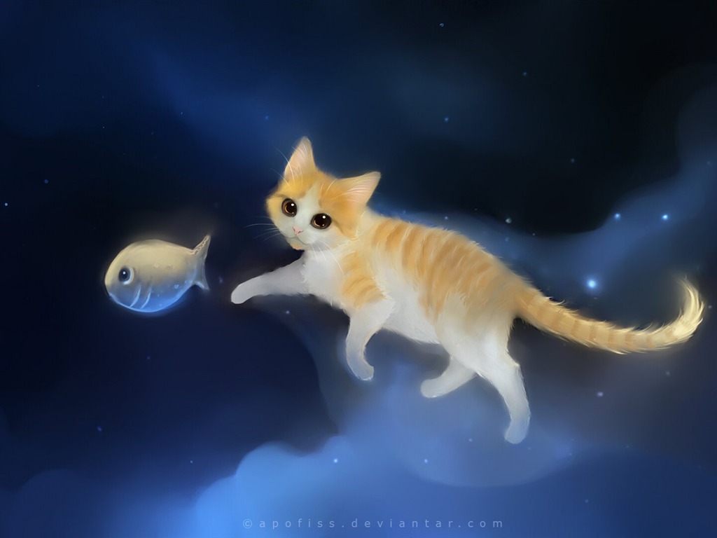 Apofiss小さな黒い猫の壁紙の水彩イラスト #17 - 1024x768