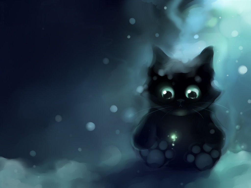 Apofiss 작은 검은 고양이 벽지 수채화 삽화 #18 - 1024x768