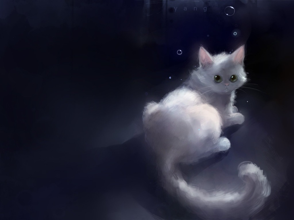 Apofiss水彩插画 小黑猫壁纸20 - 1024x768