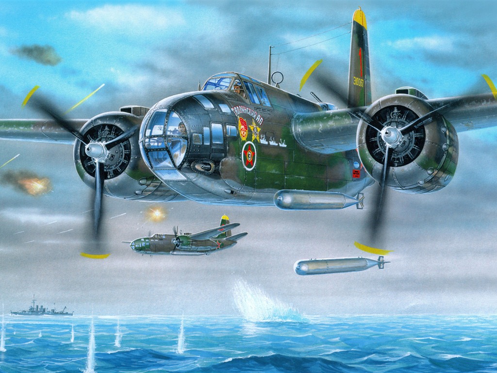 空中飛行的軍用飛機 精美繪畫壁紙 #13 - 1024x768