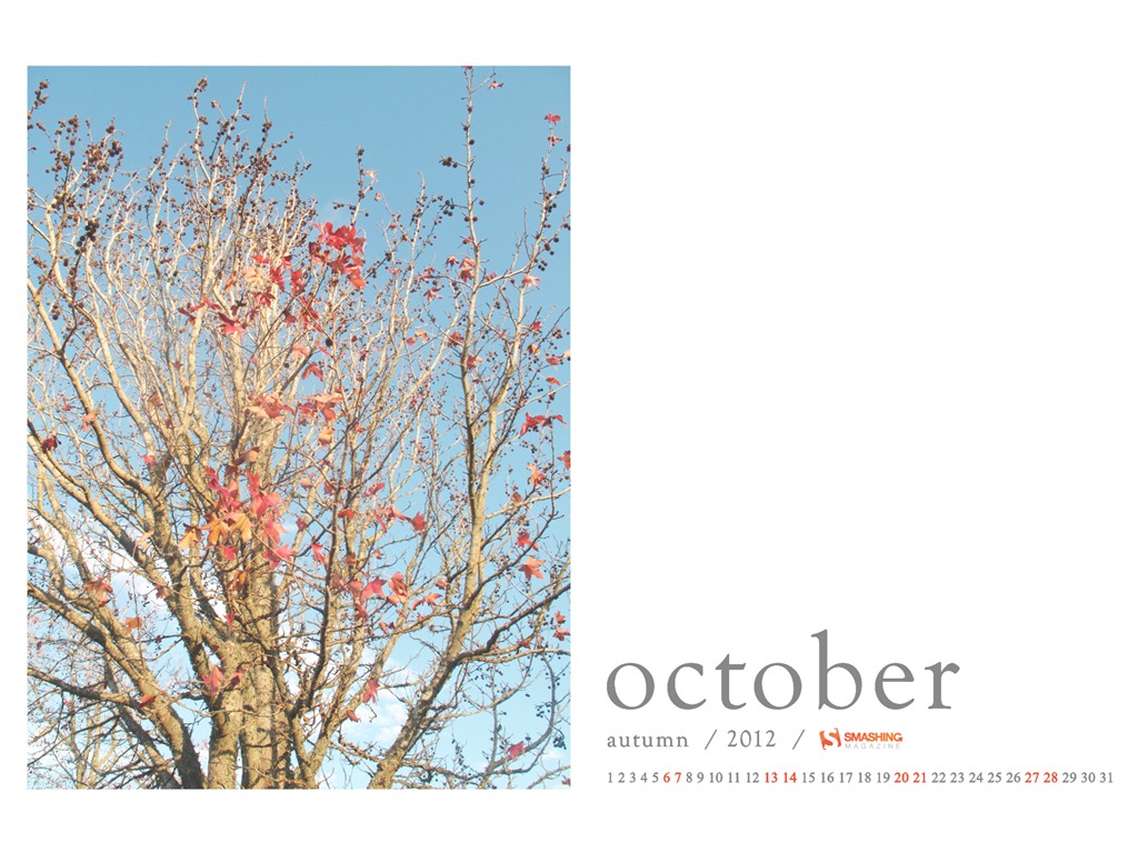 Octobre 2012 Calendar Wallpaper (1) #6 - 1024x768