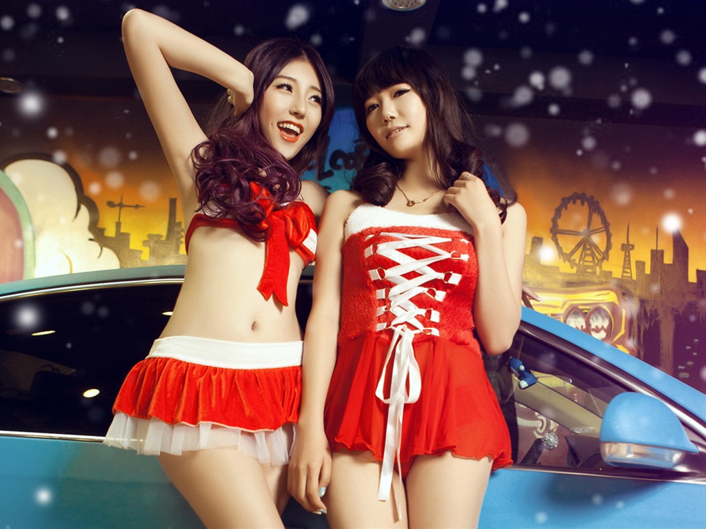 신년 축제 빨간 드레스 아름다운 자동차 모델의 HD 배경 화면 #1 - 1024x768