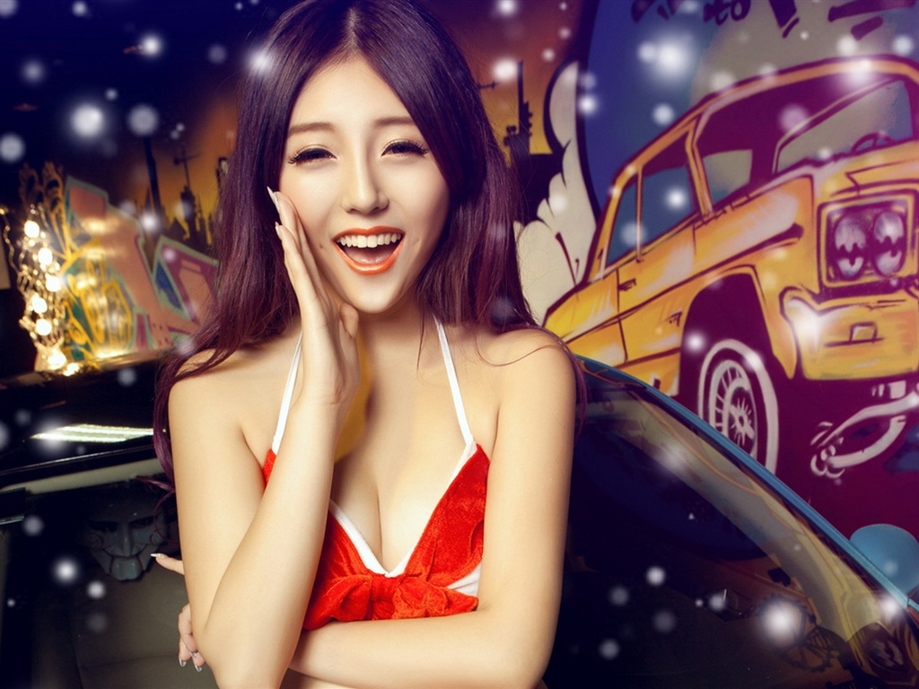 신년 축제 빨간 드레스 아름다운 자동차 모델의 HD 배경 화면 #15 - 1024x768