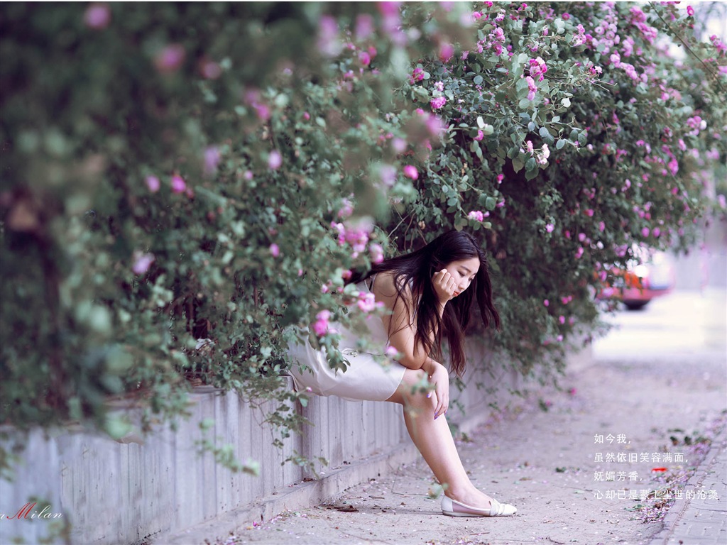 Hermosa chica con fondos de pantalla de alta definición de flores rosas #4 - 1024x768