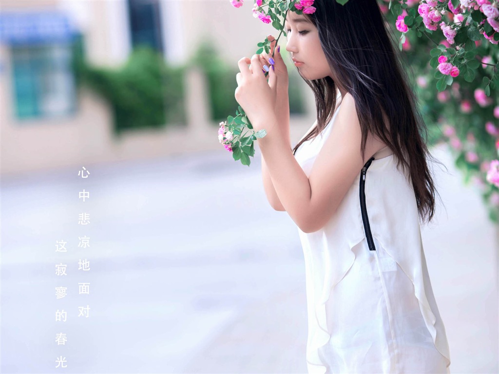 장미 꽃의 HD 배경 화면과 함께 아름 다운 소녀 #6 - 1024x768
