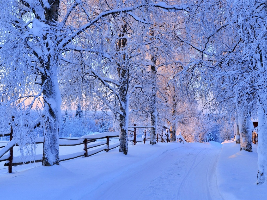 冬天的雪景，山，湖，树木，道路 高清壁纸4 - 1024x768