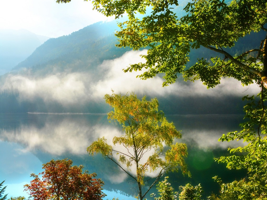 Les arbres, les montagnes, l'eau, lever et coucher du paysage de nature, fonds d'écran HD #40 - 1024x768