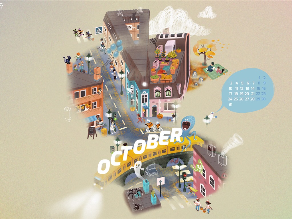 De octubre de el año 2016 fondo de pantalla de calendario (2) #16 - 1024x768