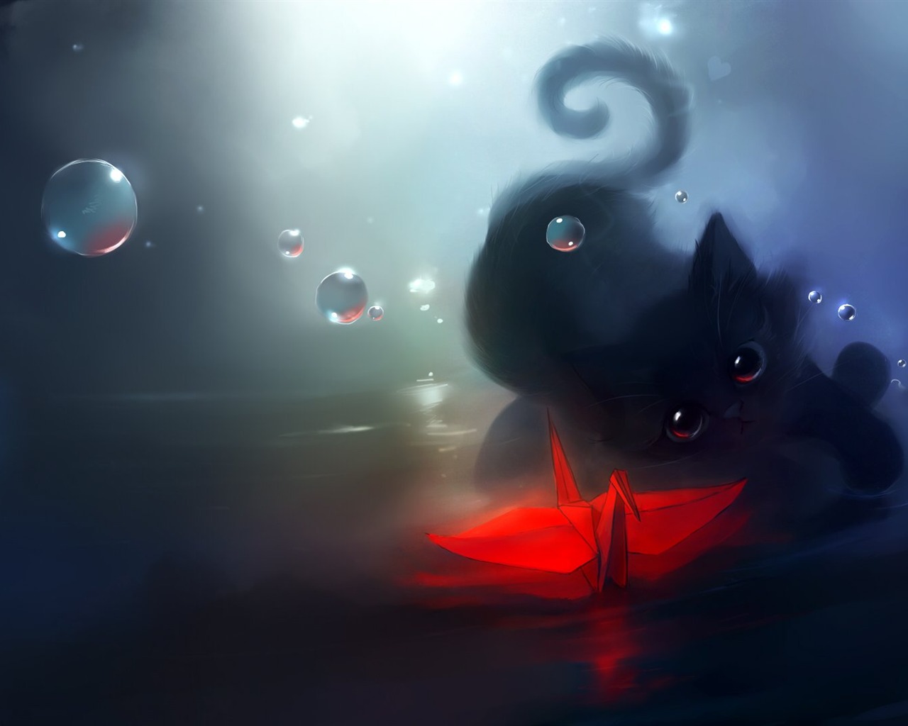 Apofiss 작은 검은 고양이 벽지 수채화 삽화 #15 - 1280x1024