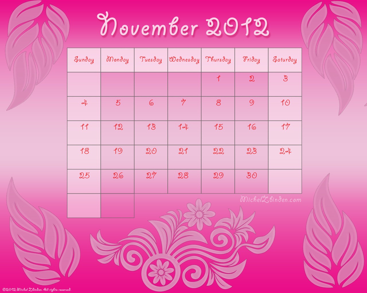 2012年11月 月曆壁紙(一) #3 - 1280x1024