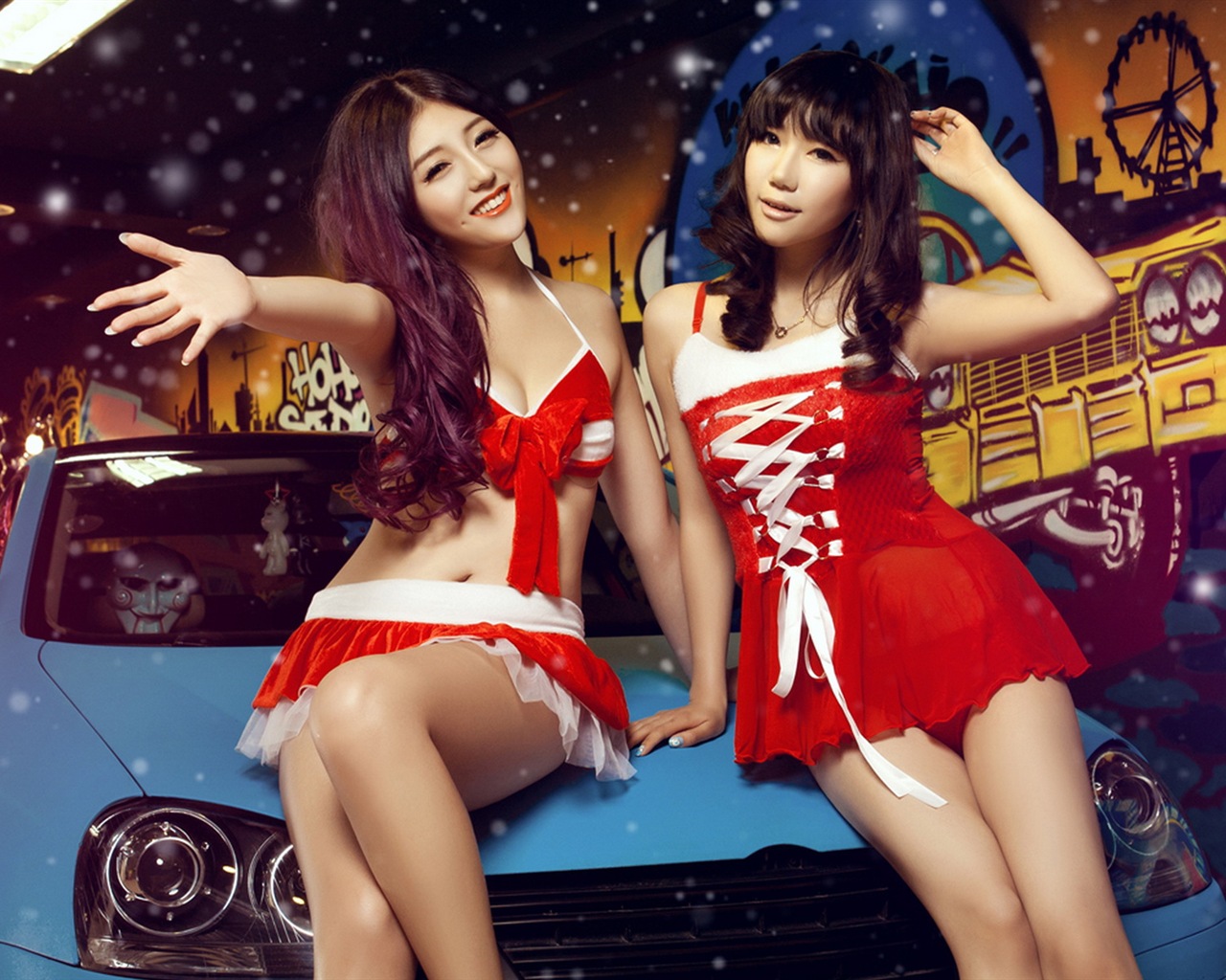 신년 축제 빨간 드레스 아름다운 자동차 모델의 HD 배경 화면 #5 - 1280x1024