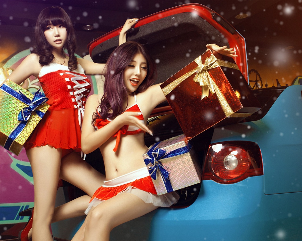 신년 축제 빨간 드레스 아름다운 자동차 모델의 HD 배경 화면 #7 - 1280x1024