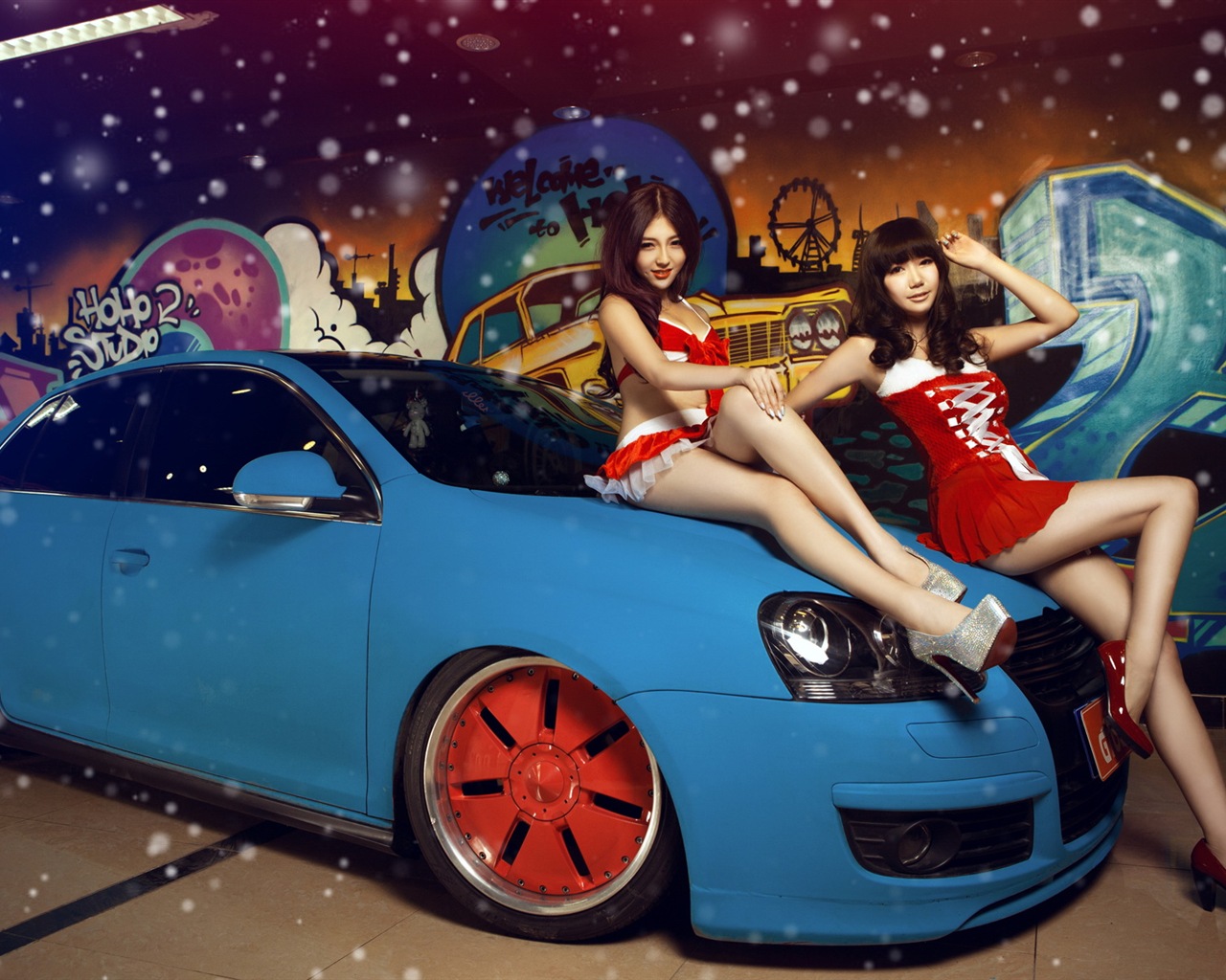 신년 축제 빨간 드레스 아름다운 자동차 모델의 HD 배경 화면 #11 - 1280x1024