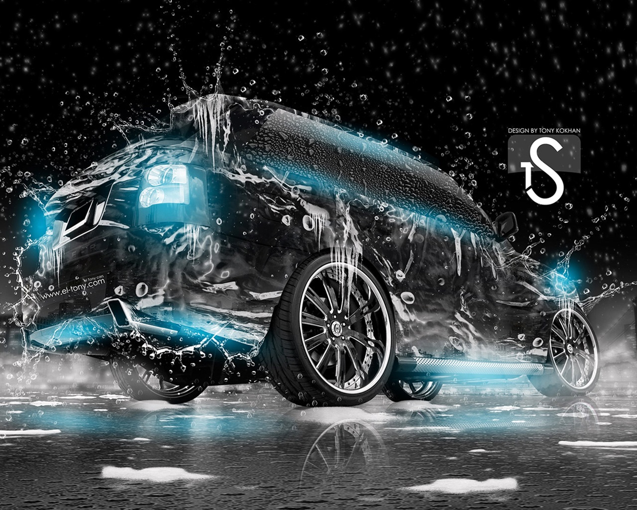 Water drops splash, beautiful car creative design wallpaper #7 - 1280x1024