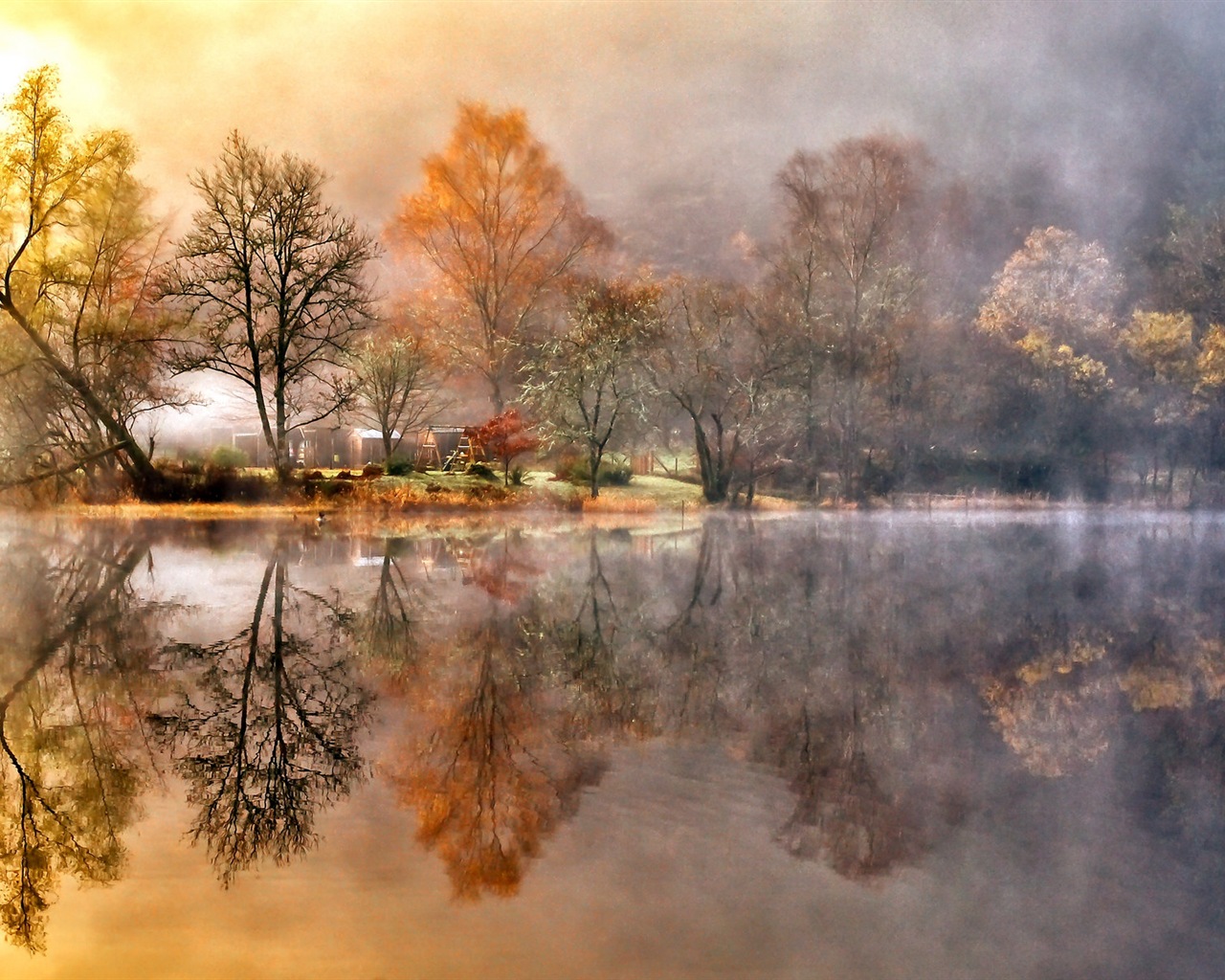 Foggy Herbst Blätter und Bäume HD Wallpaper #15 - 1280x1024