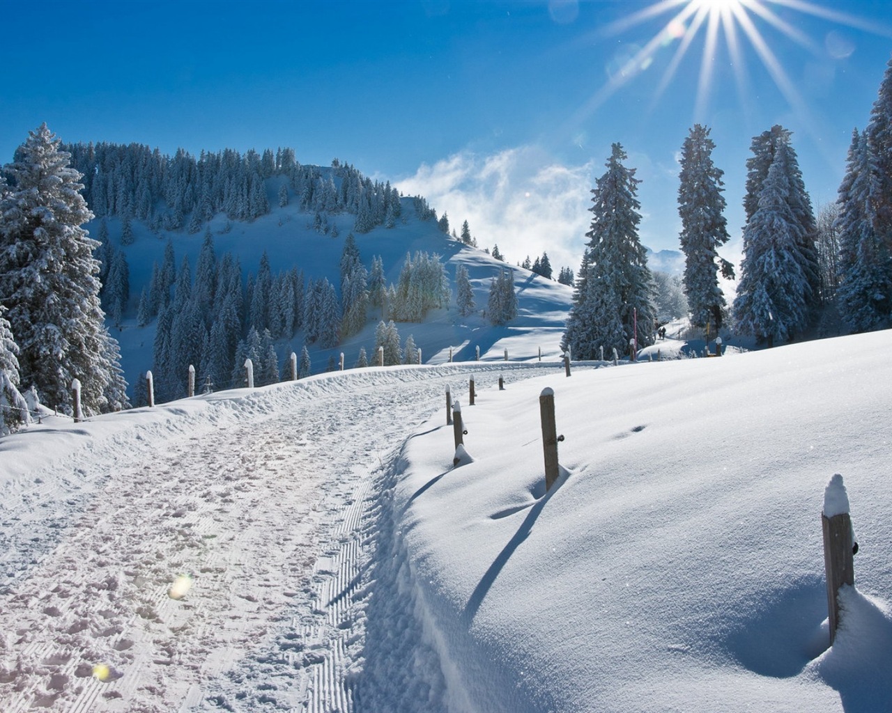 Zima, sníh, hory, jezera, stromy, silnice HD tapety na plochu #6 - 1280x1024
