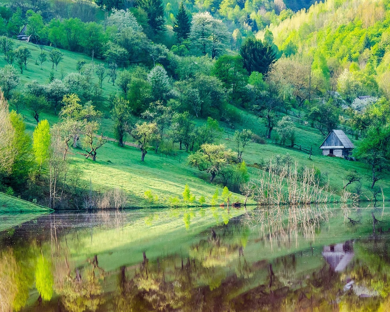 Les arbres, les montagnes, l'eau, lever et coucher du paysage de nature, fonds d'écran HD #24 - 1280x1024