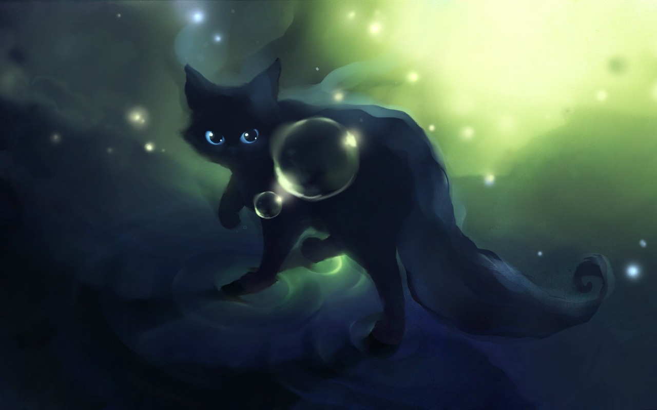 Apofiss 작은 검은 고양이 벽지 수채화 삽화 #12 - 1280x800