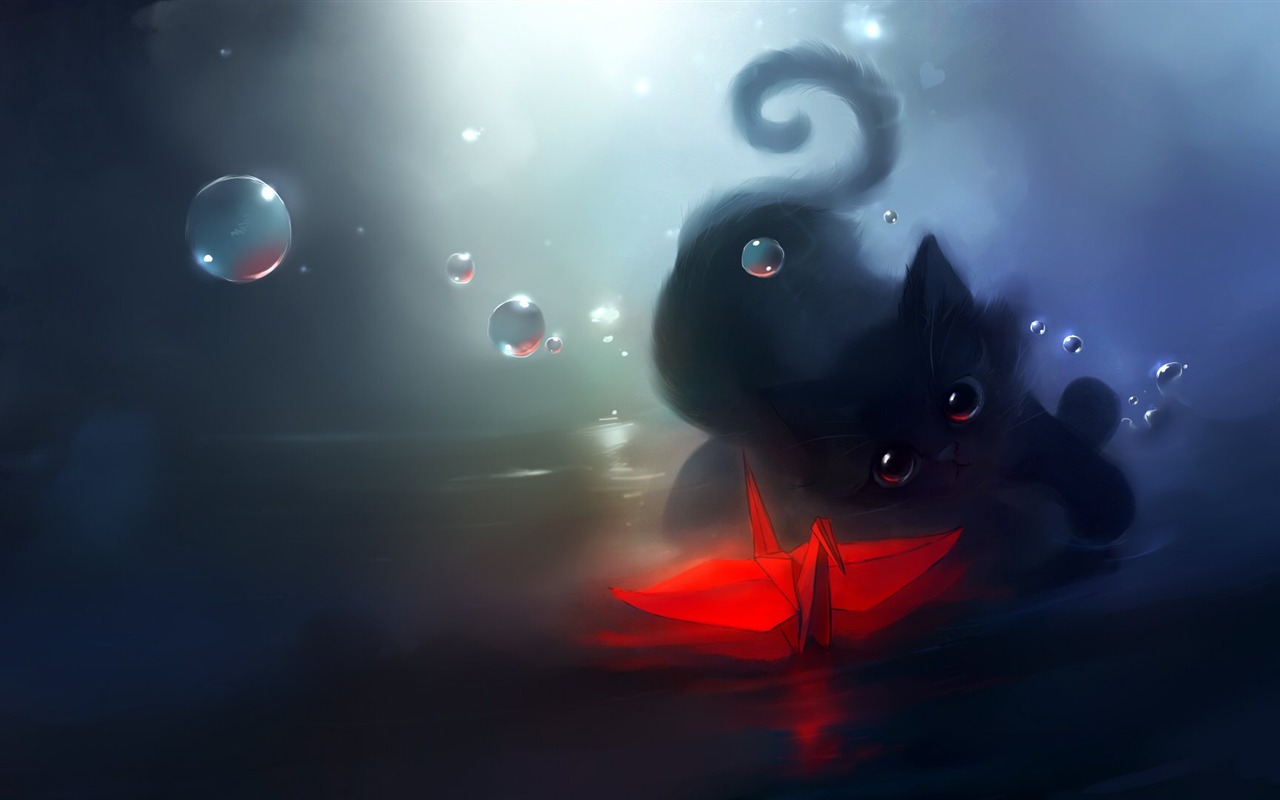 Apofiss水彩插画 小黑猫壁纸15 - 1280x800