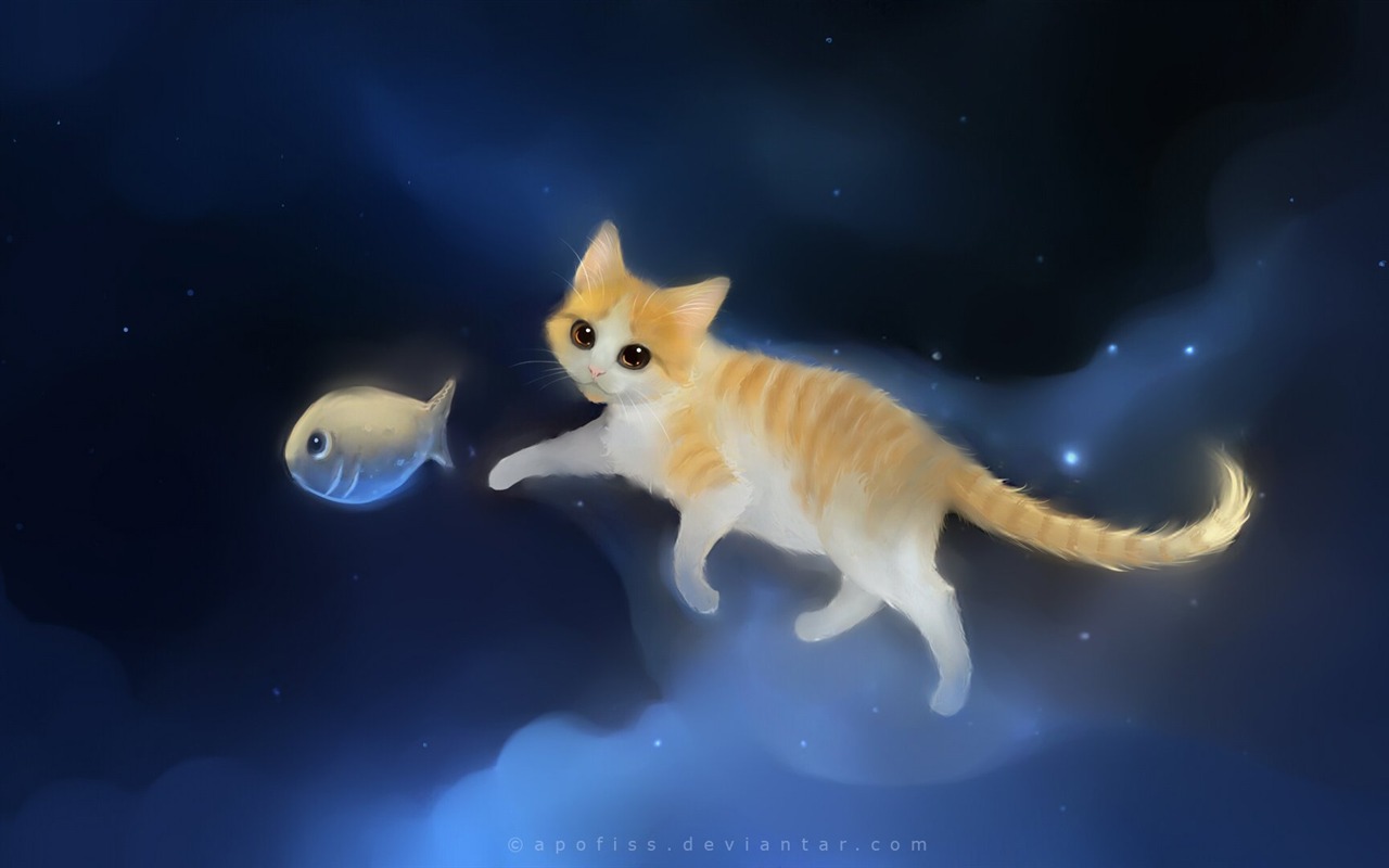 Apofiss水彩插画 小黑猫壁纸17 - 1280x800