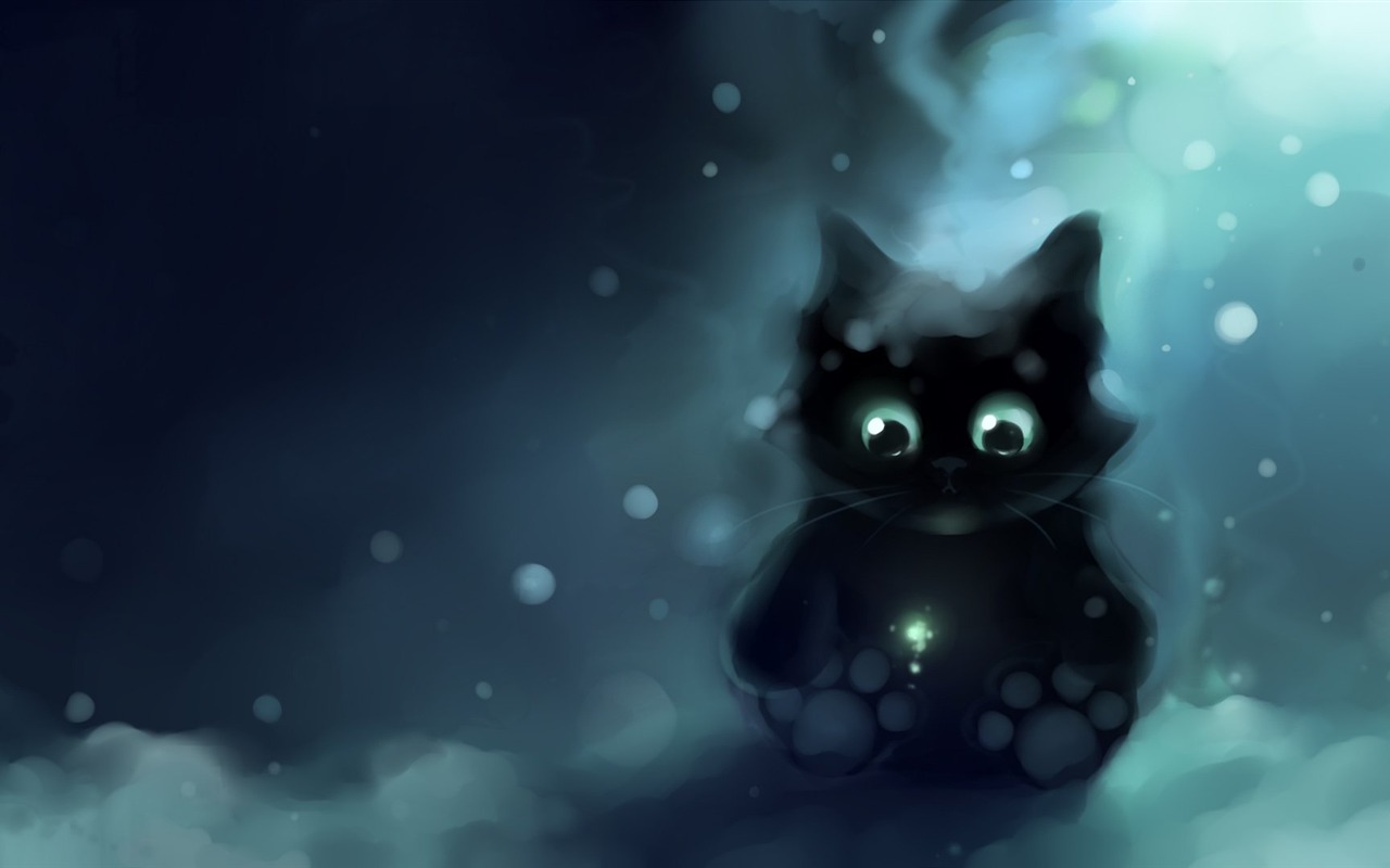 Apofiss 작은 검은 고양이 벽지 수채화 삽화 #18 - 1280x800