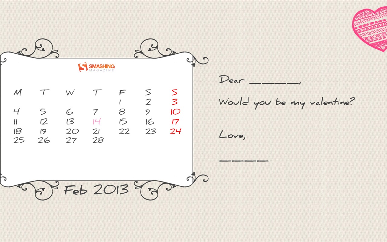 Februar 2013 Kalender Wallpaper (1) #12 - 1280x800