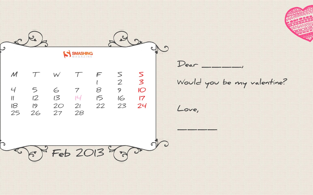 February 2013 Calendar wallpaper (1) #12 - 1280x800