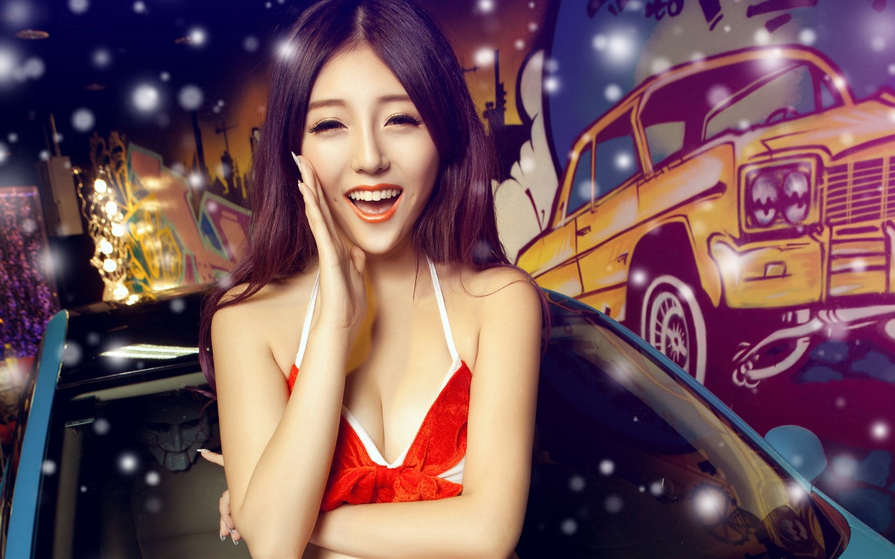 新年喜庆的红色装美女车模 高清壁纸15 - 1280x800