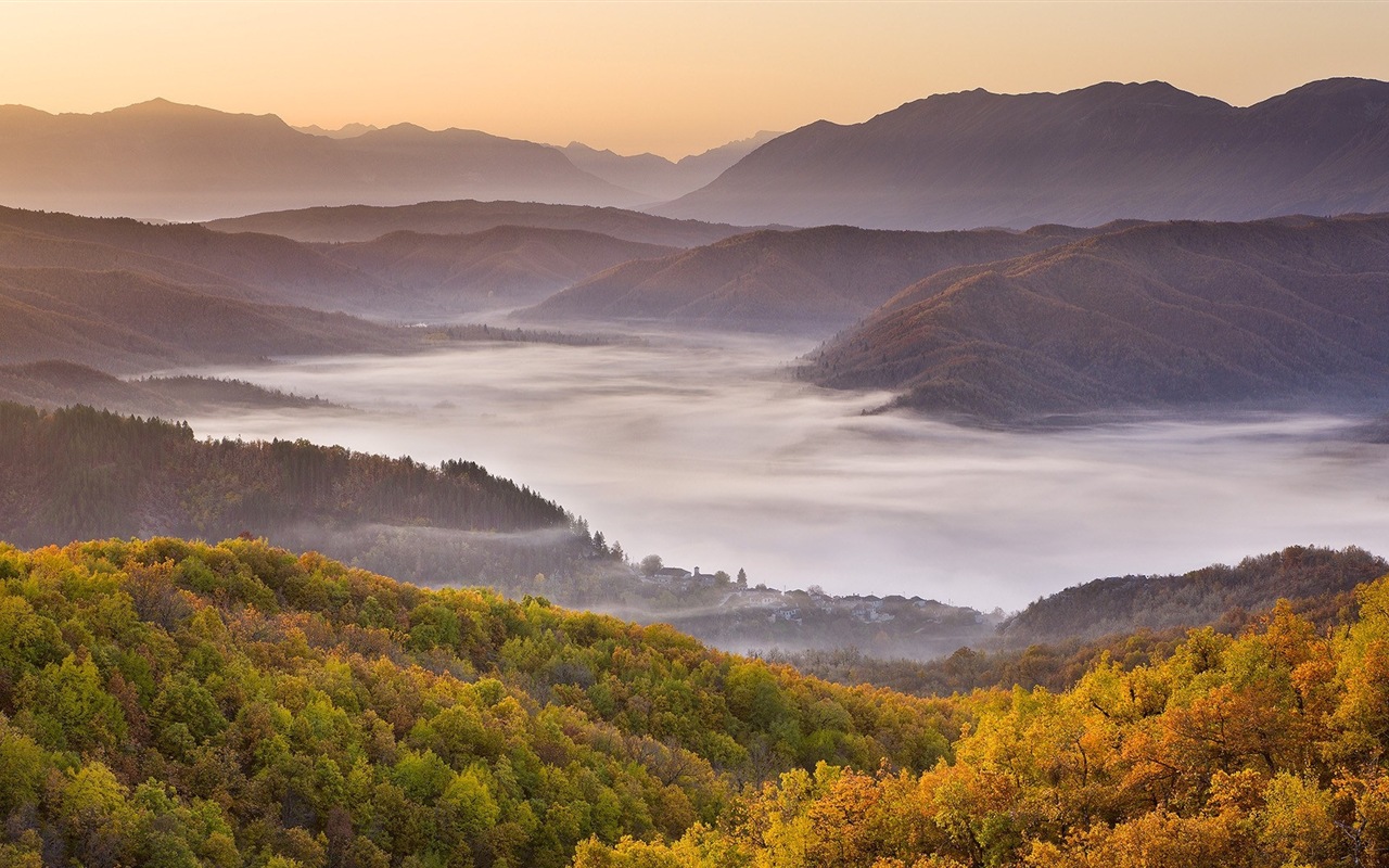 雾的秋天，红叶树木，高清壁纸16 - 1280x800