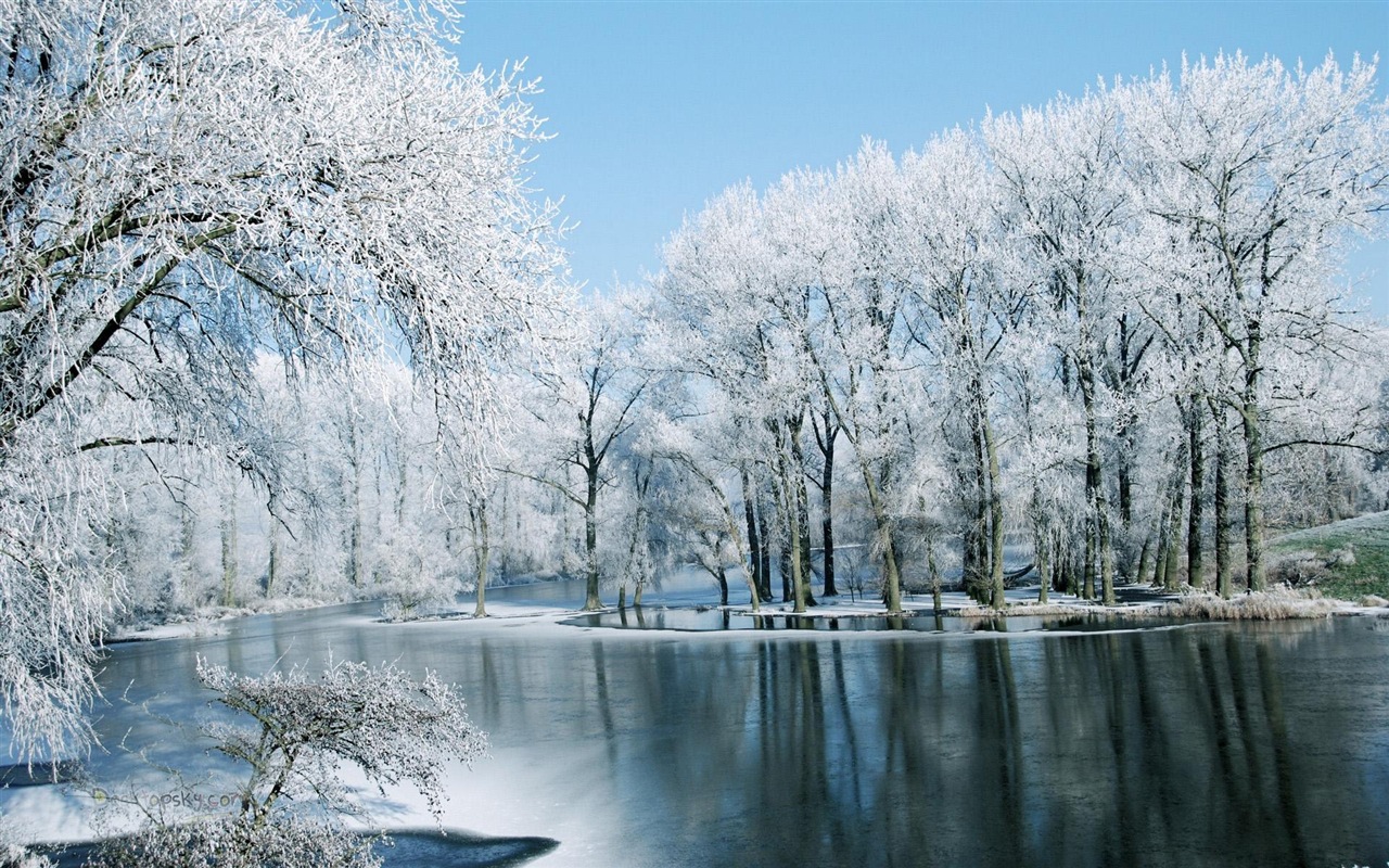 冬天的雪景，山，湖，树木，道路 高清壁纸1 - 1280x800