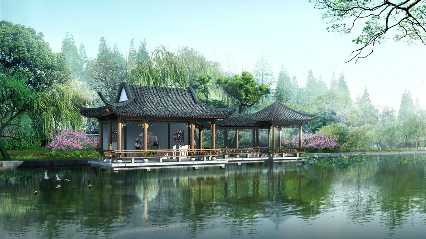高清園林建築效果壁紙 #37 - 1366x768