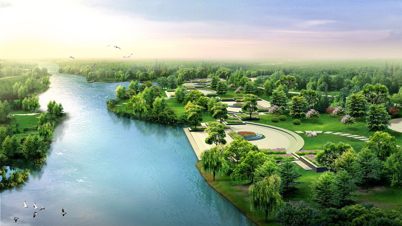 高清園林建築效果壁紙 #38 - 1366x768