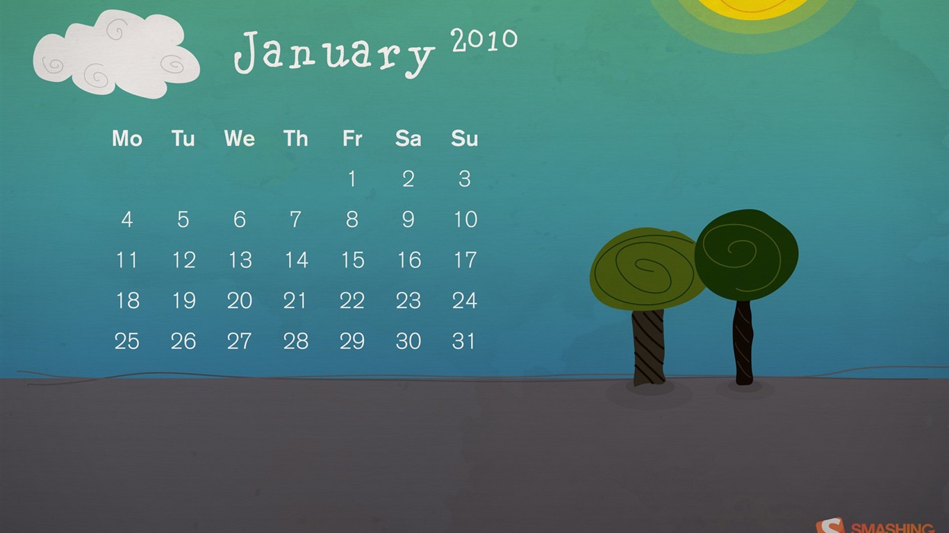 Enero 2010 Calendario de Escritorio #11 - 1366x768