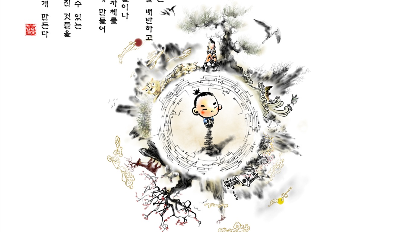 韓國水墨風格 卡通壁紙 #52 - 1366x768