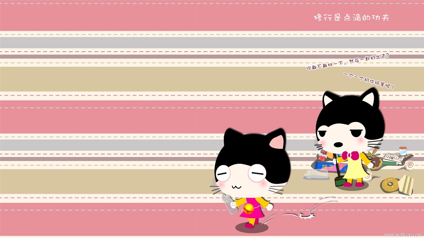 아기 고양이 만화 배경 화면 (3) #16 - 1366x768