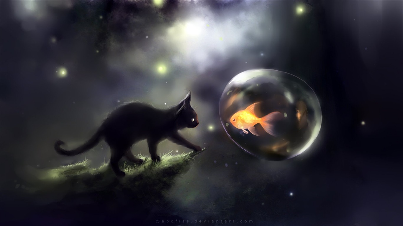 Apofiss 작은 검은 고양이 벽지 수채화 삽화 #1 - 1366x768