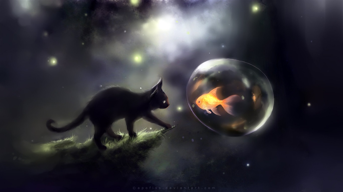 Apofiss水彩插畫 小黑貓壁紙 #1 - 1366x768
