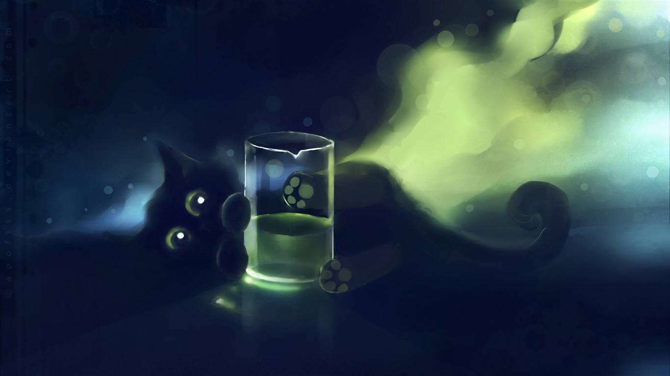 Apofiss水彩插畫 小黑貓壁紙 #3 - 1366x768