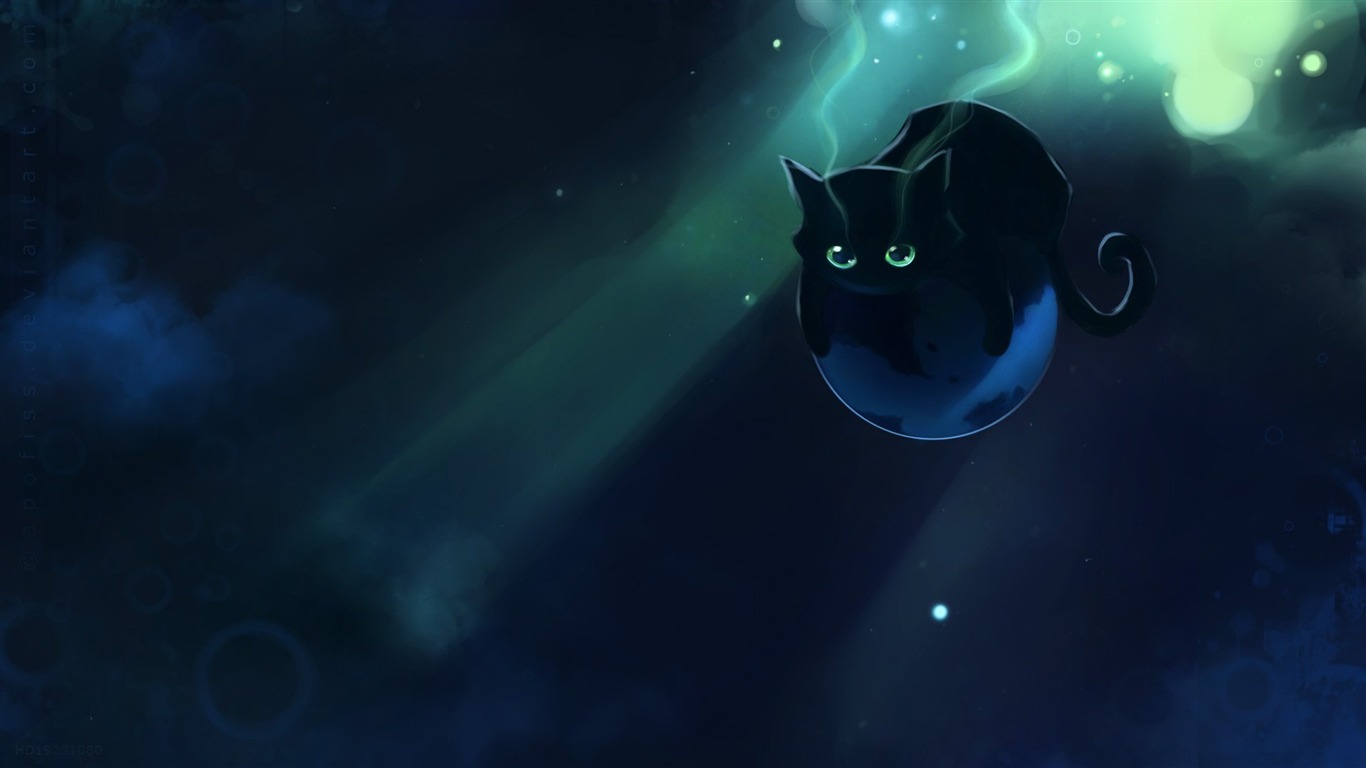 Apofiss水彩插畫 小黑貓壁紙 #4 - 1366x768