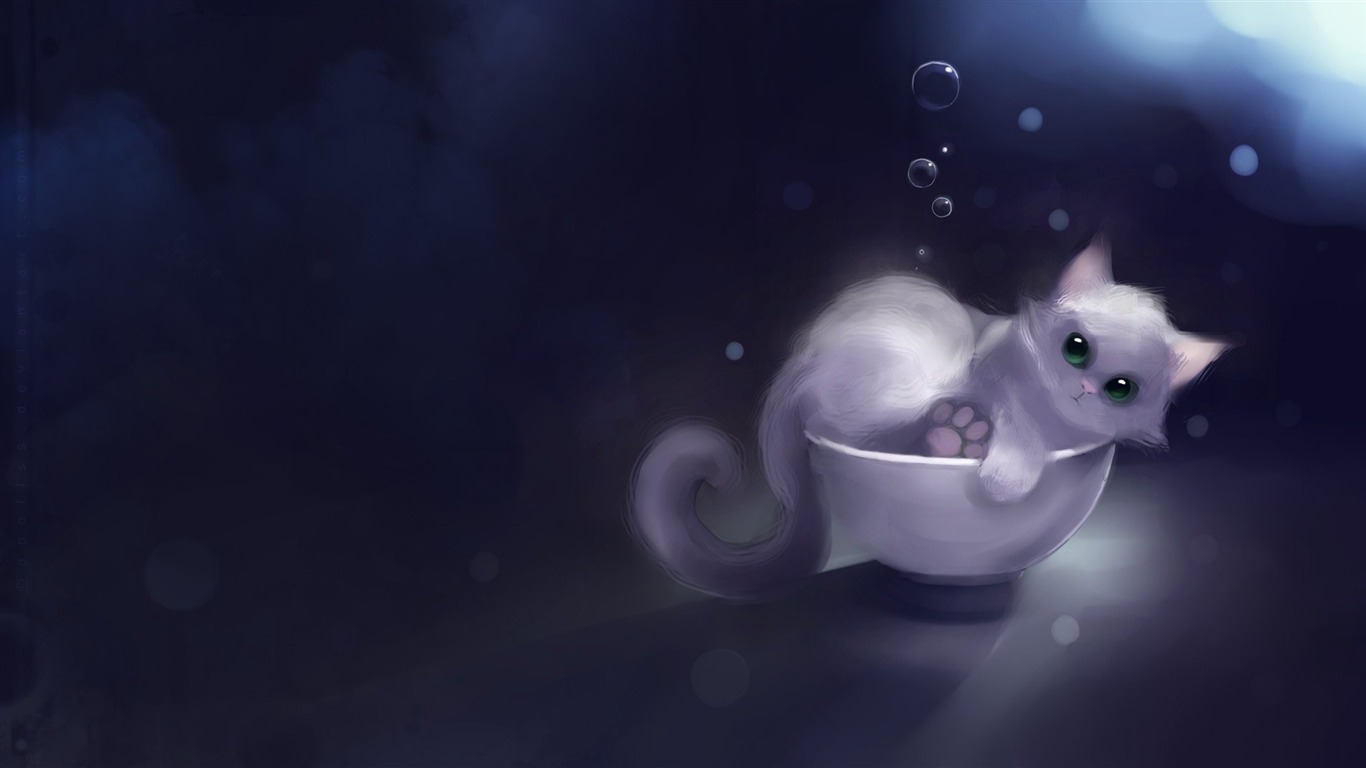 Apofiss小さな黒い猫の壁紙の水彩イラスト #6 - 1366x768