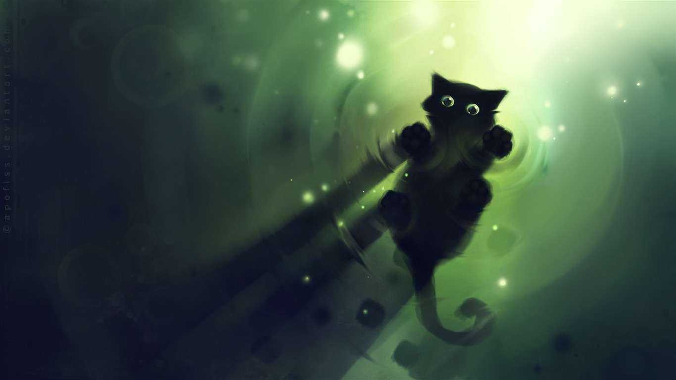 Apofiss 작은 검은 고양이 벽지 수채화 삽화 #9 - 1366x768