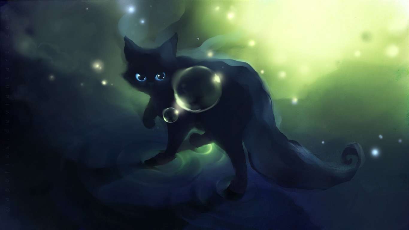 Apofiss 작은 검은 고양이 벽지 수채화 삽화 #12 - 1366x768