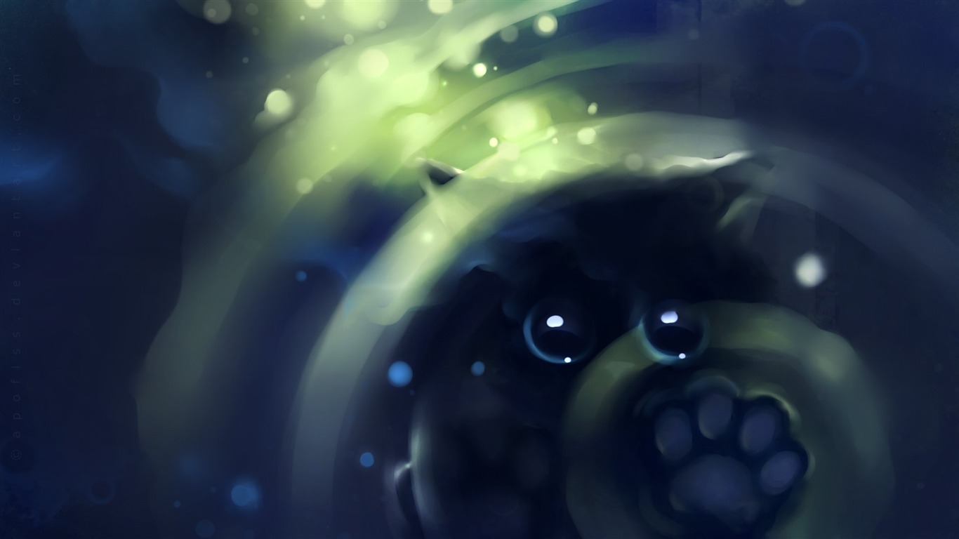 Apofiss水彩插畫 小黑貓壁紙 #13 - 1366x768