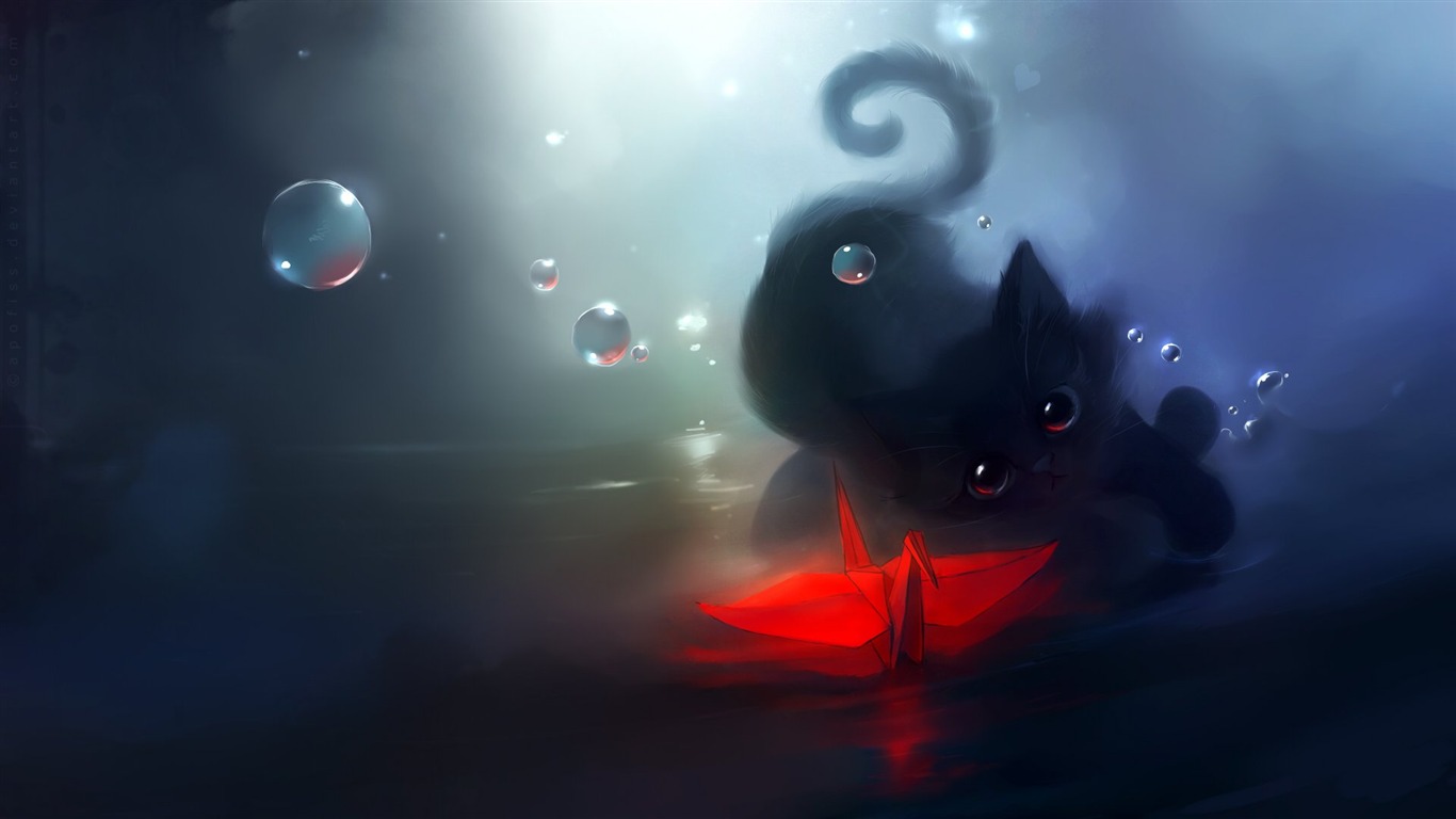 Apofiss水彩插畫 小黑貓壁紙 #15 - 1366x768