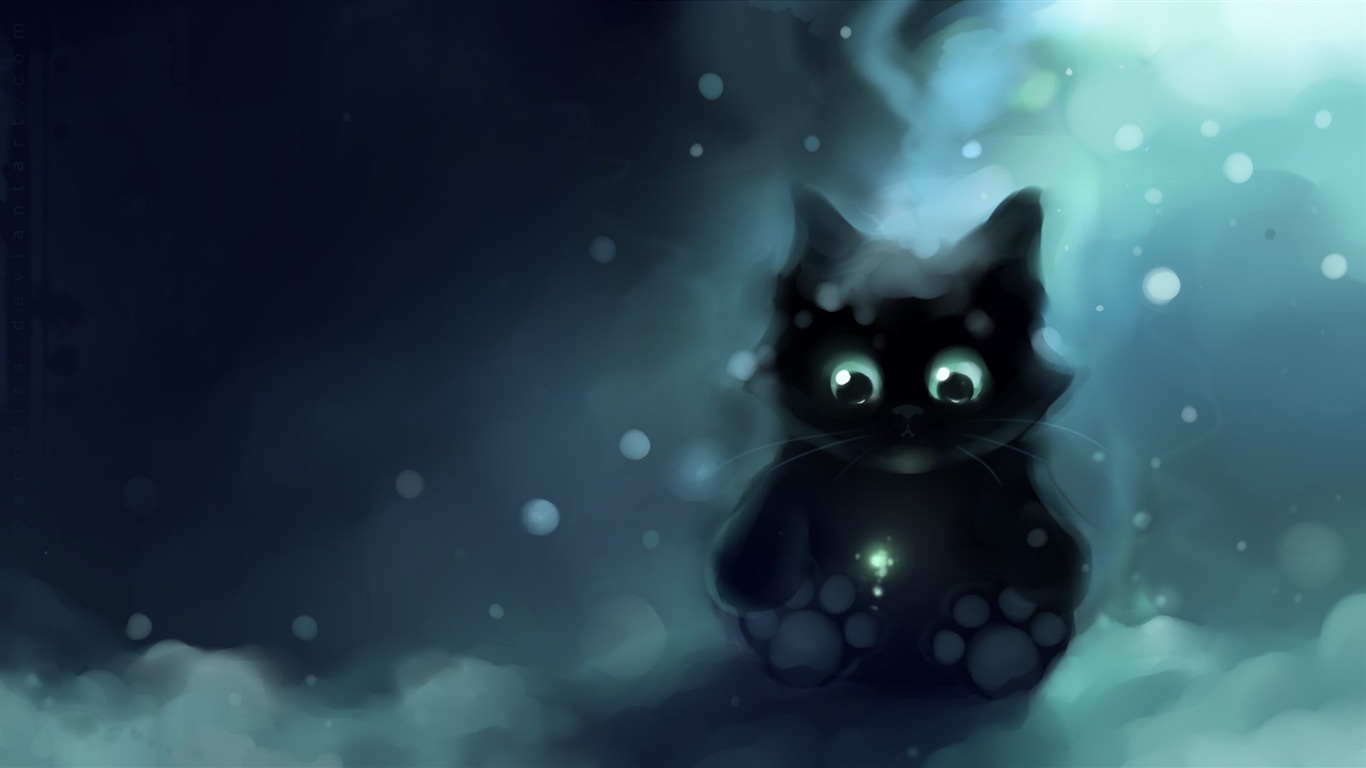 Apofiss 작은 검은 고양이 벽지 수채화 삽화 #18 - 1366x768