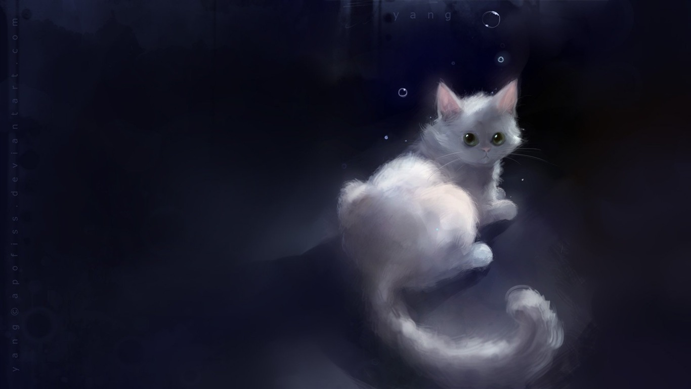 Apofiss水彩插画 小黑猫壁纸20 - 1366x768